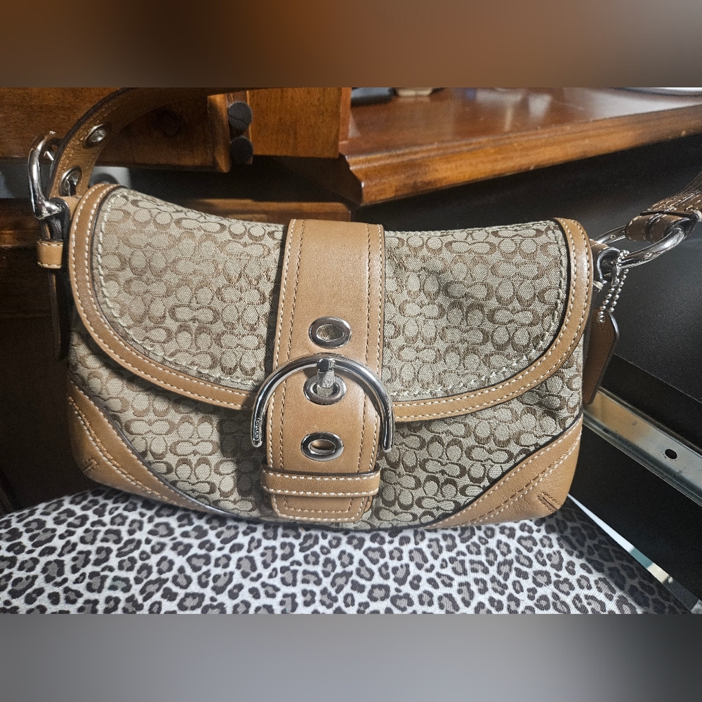 Small Coach Tan and Brown Signature Shoulder Bag (See measurements)